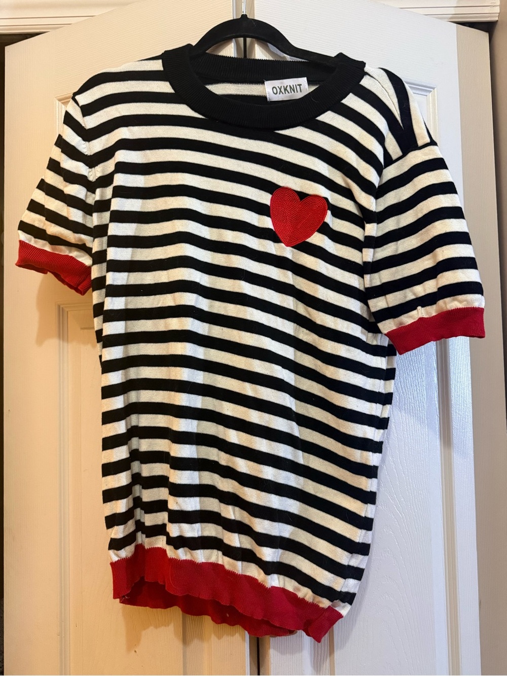 OXKNIT Black & White Striped Crewneck Sweater with Red Heart Detail